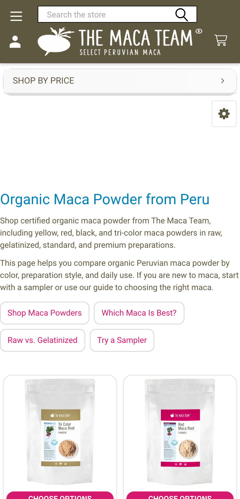 The /maca-powder page on a phone: Organic Maca Powder from Peru, a guide to choosing a maca