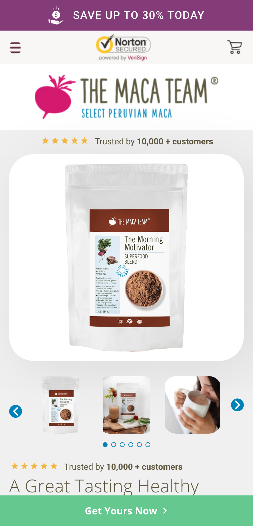 The /mm-1 page on a phone: Save up to 30% today, The Morning Motivator pack