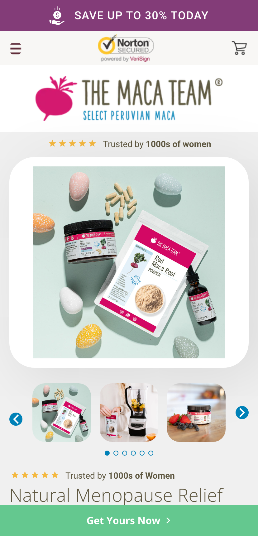 The /mp-1 page on a phone: Save up to 30% today, Trusted by 1000s of women, Red Maca pack