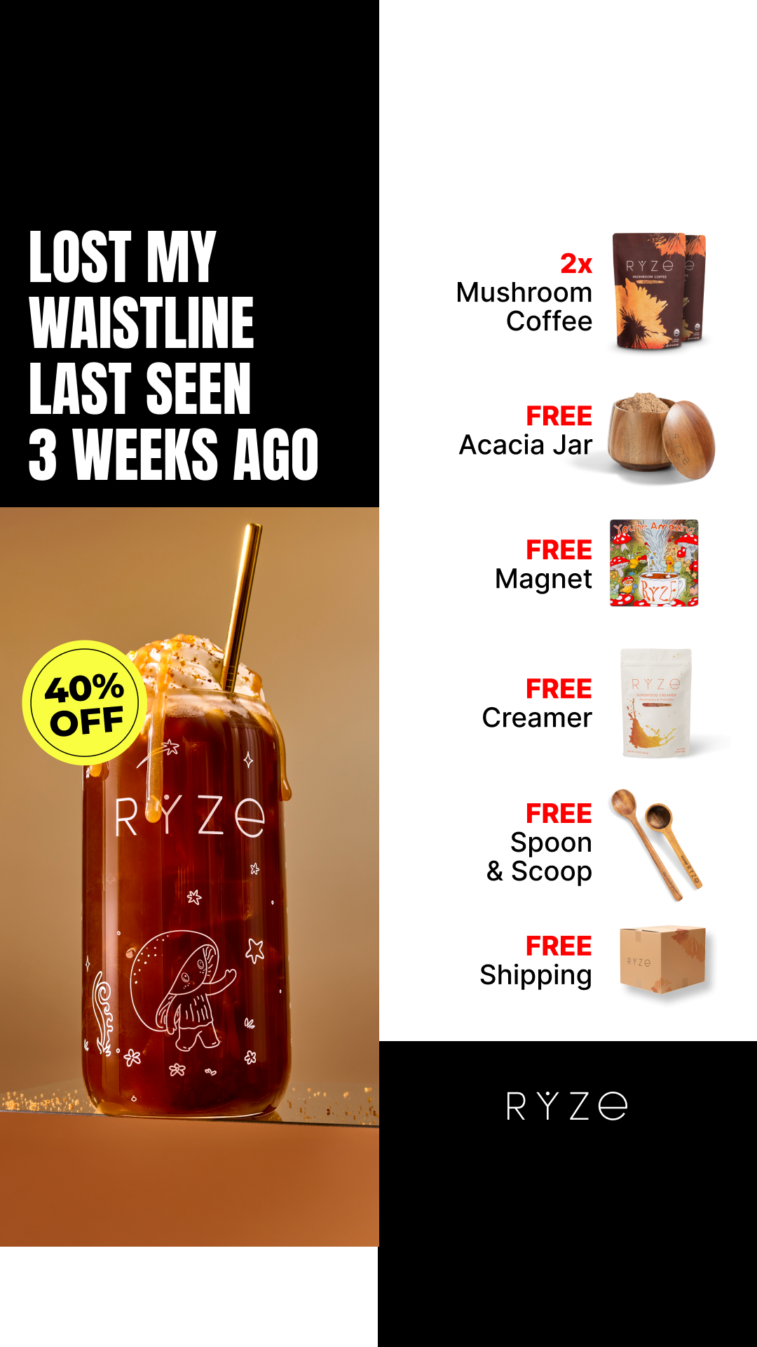 RYZE ad: 40% off and a stack of free gifts drawn into the ad