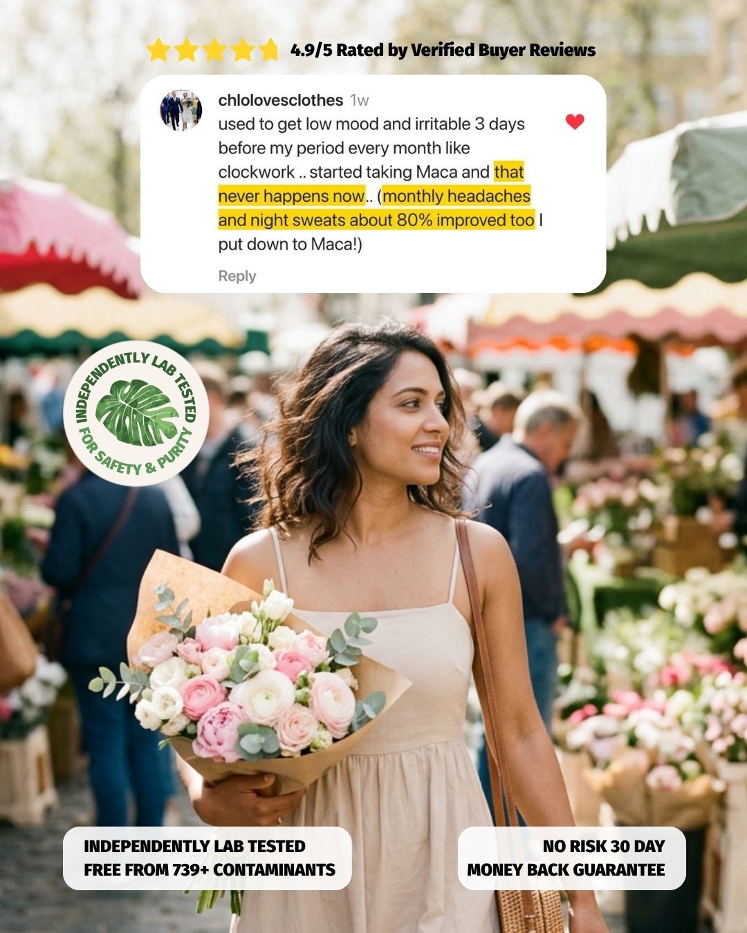 Organic Burst ad: a customer's review about maca and night sweats as the headline, with a 30-day money back badge